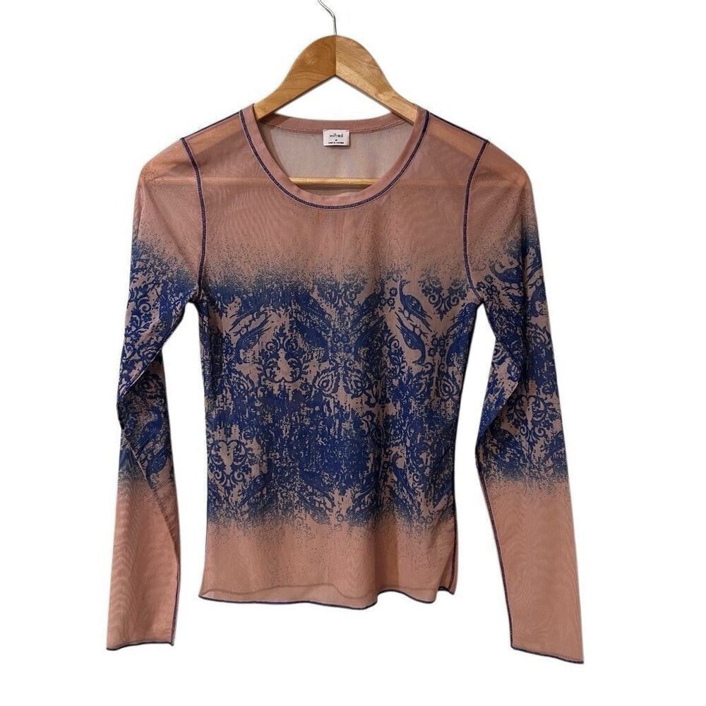 ARITZIA WILFRED Nude Beige Blue Sheer Printed Mesh Long Sleeve Top Medium
